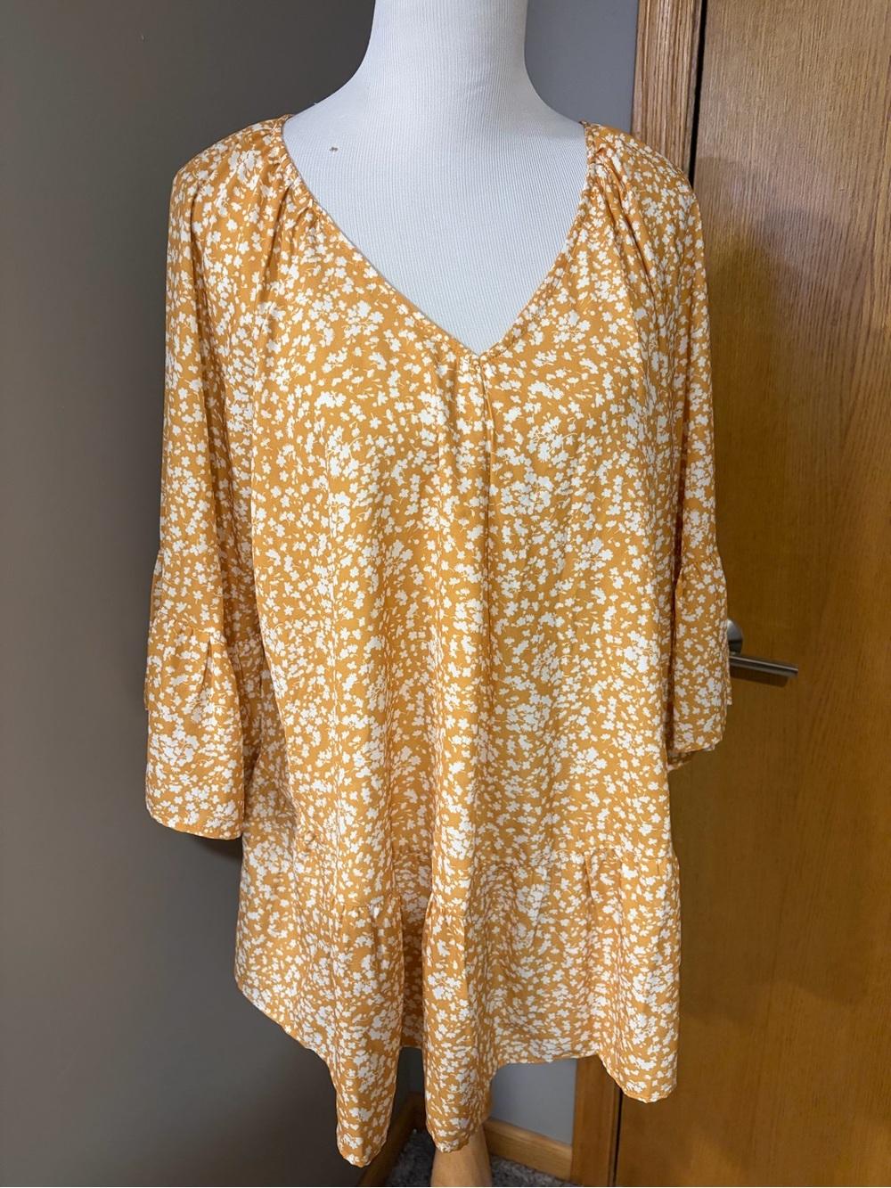 Women's Mustard Floral V-Neck Peasant Blouse